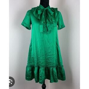 DKNY Dress Womens 100% Silk Satin Ruffles Neck Tie Party Mini Green Size 4